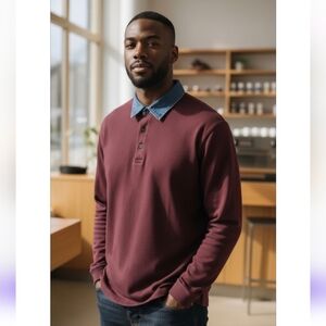 Ivy Crew Men's Polo Pullover Top, L/XL, Denim Collar, Burgandy, Chest 48", EUC!